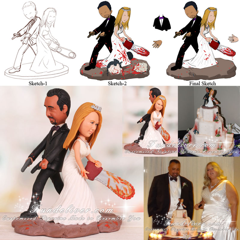 Zombie Wedding Cake Toppers Groom Holding Pistols Bride Wielding Chainsaw